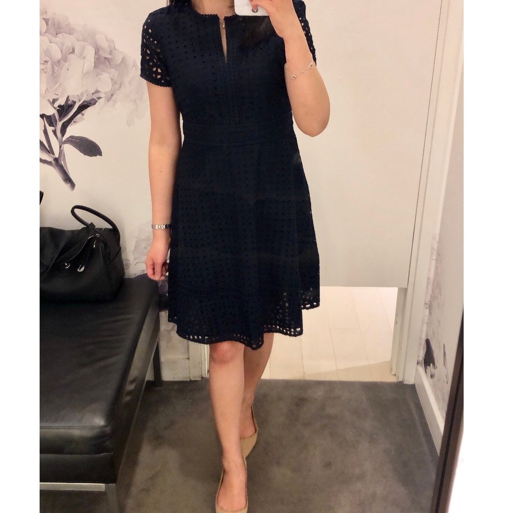Ann Taylor Eyelet Fit and Flare Dress 2P Navy Blue Coastal Preppy